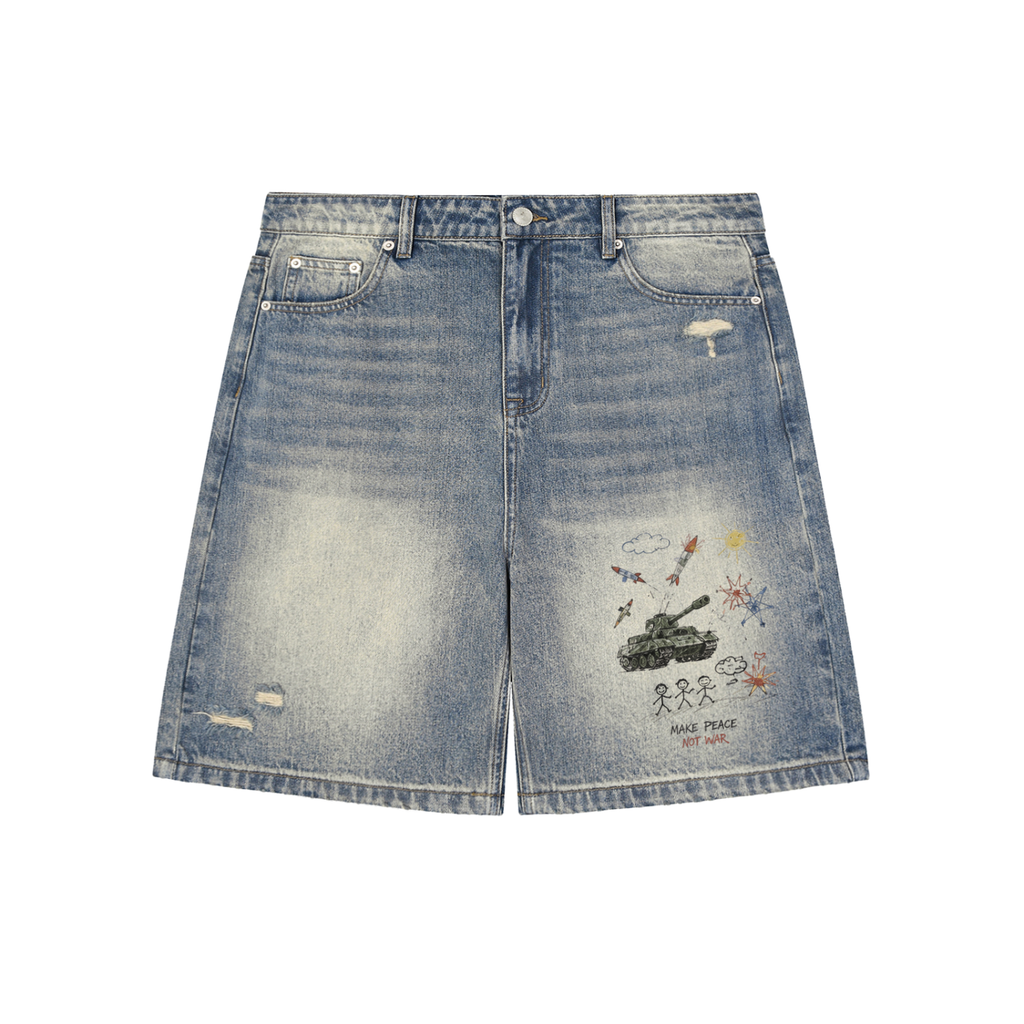 Blue denim shorts with artistic designs on a white background