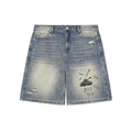 Blue denim shorts with artistic designs on a white background